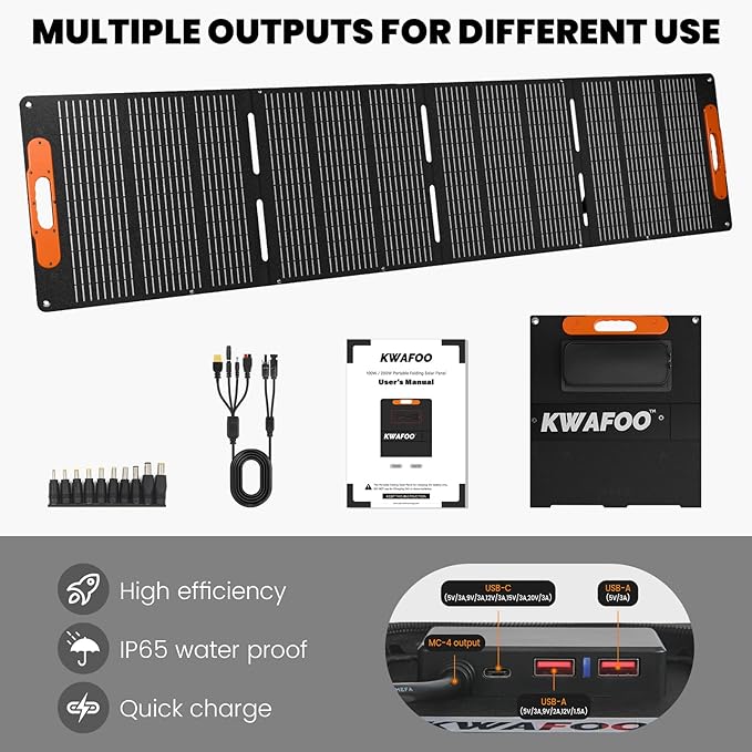200W Portable Solar Panel, Foldable with MC4 connector, USB Output, Adjustable Kickstands, IP65 Waterproof Solar Charger for Power Station Phones RV Camping