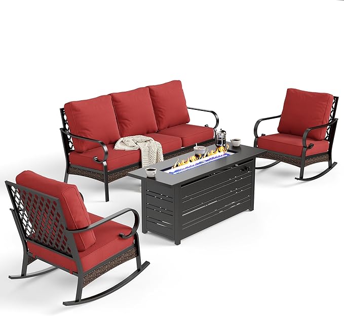 SUNSHINE VALLEY 4 Piece Metal Outdoor Patio Furniture Sets with Firepit Table, Patio Conversation Sets 1 3-Seater Sofa, 2 Rocking Sofa with 5.75" Thick Cushion Backyard Furniture for Deck, Rust Red