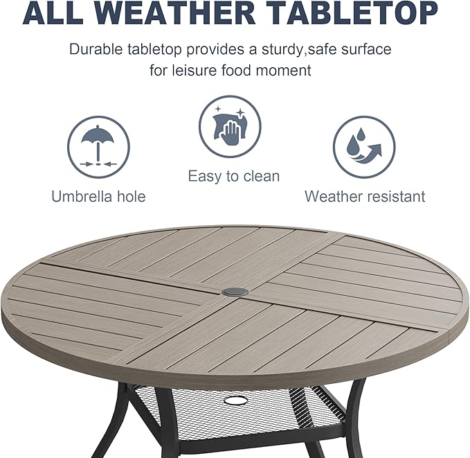 VICLLAX Round Patio Dining Table, 4-6 Person Metal Outdoor Dining Table with Umbrella Hole and Storage Shelf for Garden Lawn Deck, 47.2" Grey
