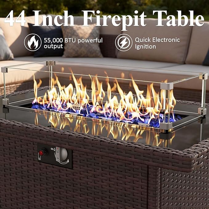 Propane Fire Pit Table, 44" Outdoor Gas Fire Pit with Glass Wind Guard & Waterproof Cover