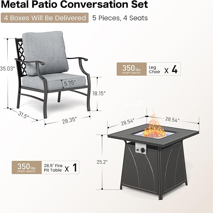 SUNSHINE VALLEY 5 Piece Metal Outdoor Patio Furniture Set with Fire Pit Table, Patio Conversation Sets 4 Fixed Chairs with 5.75" Thick Cushion and 5000 BTU Fire Pit Table, Backyard Furniture, Gray