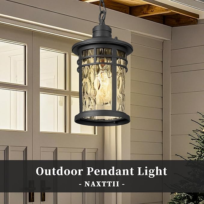 Naxttii Outdoor Pendant Lights for Porch Aluminum Hanging Porch Light with Water Ripple Glass Hanging Lantern for Front Patio Gazebo Foyer or Garage