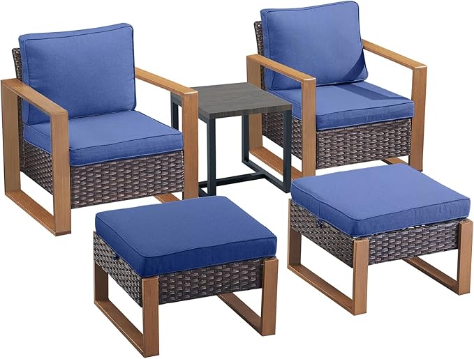 Rilyson Outdoor Wicker Patio Furniture Set - 5 Piece Patio Conversation Set with 2 Wicker Armrest Chairs,2 Rattan Ottoman, 1 Side Table, Sturdy Frame, Thick Cushions, Deep Seating(Brown/Blue)