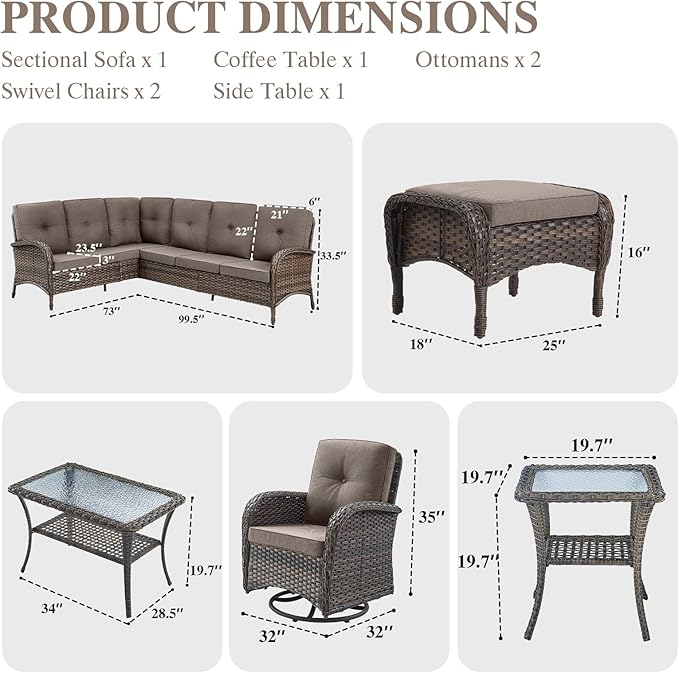 HUMMUH Outdoor Patio Furniture Set,L-Shaped Sectional Couches with Swivel Patio Chairs,Wicker Conversation Set for Deck,Backyard,Porch,Garden