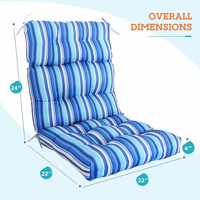 EAGLE PEAK Tufted Outdoor/Indoor High Back Patio Chair Cushions, Set of 2, 46'' x 22'', Blue Stripe