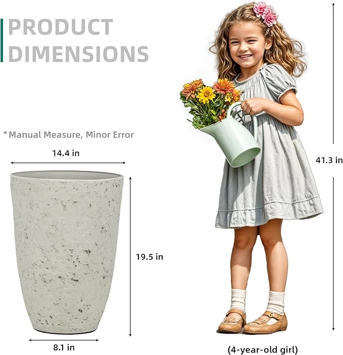 19.5" Plant Pots Tall Resin Planters for Plants Set of 2 Outdoor Country Large Flower Pot Front Porch Decor Handmade Birch Bark Texture Heavy-Duty Weather-Resistant Home Garden Indoor White