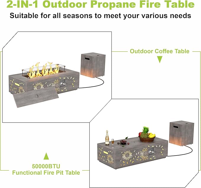 Dineli 2-Piece Outdoor Propane Fire Pit Table Set w Tank Table 42'' Rectangular Gas Fire Pits for Outside Patio Fire Table w LED, 50,000 BTU (Gray, Sunflower Pattern with Warmlight)