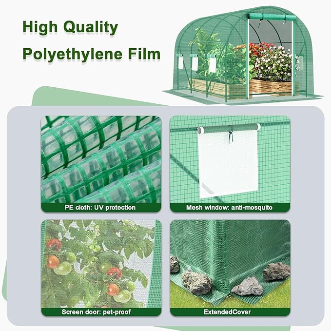 9.8x6.5x6.5 FT Greenhouse, Large Walk-in Green Houses for Outside, Tunnel Greenhouse with Thicken PE Cover with Mesh Door and 6 Ventilation Windows