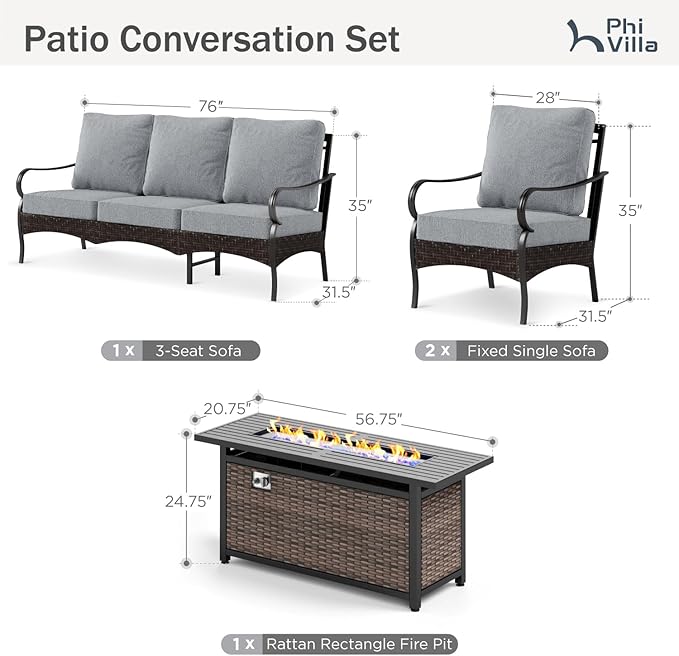 Patio Furniture Set with 56" Fire Pit Table, Premium Outdoor Wicker Metal Frame Furniture with Upgraded Waterproof Thick Cushions for Porch, Poolside, Deck, and Yard （4 Pieces,Grey