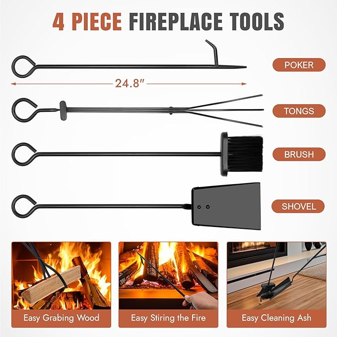 INNO STAGE Firewood Rack Fireplce Firepit Tools Set Double Layer Iron Wood Log Holder for Fire Place Outdoor Indoor Accessories-Brush, Shovel, Tong, Hook