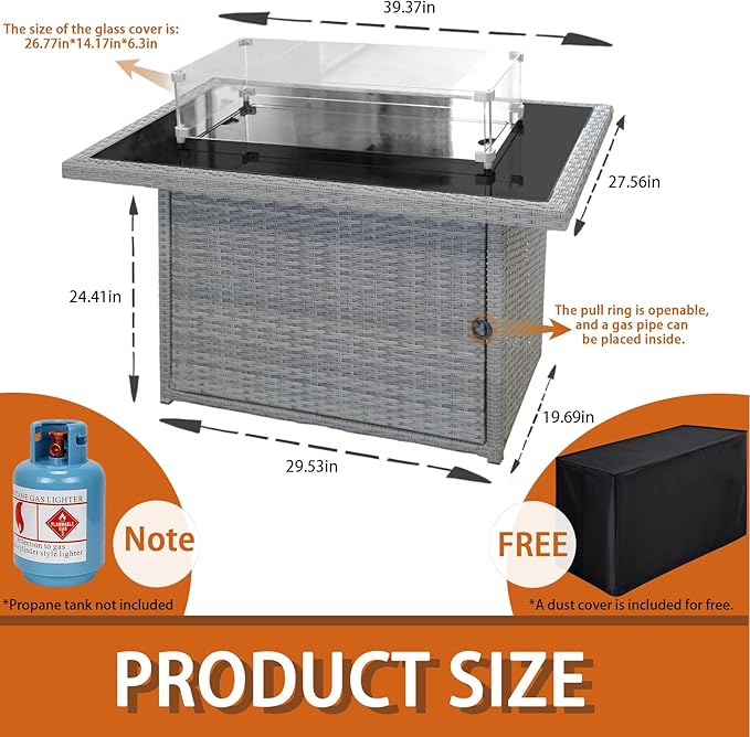 28 Inch Propane Fire Pit Table, 50,000 BTU Square Gas Fire Pit Table with Steel Lid, 2-in-1 Fire Table with Fire Glass for Patio, Garden & Backyard Gatherings, Black
