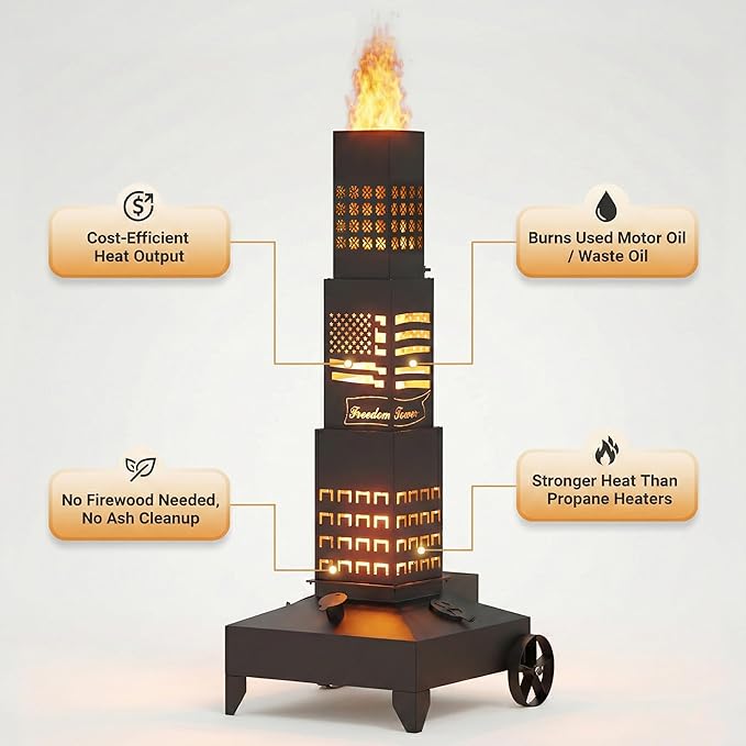 51" Smudge Pot Heater with Wheels, 7-Gallon Waste Oil Patio Heater,Heavy-Duty Steel Pyramid Design,Portable Fireplace for Backyard, Porch, Patio and Garden(Banner)
