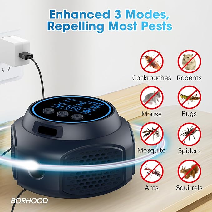 Ultrasonic Pest Repellent Plug in, Indoor Pest Rodent Insect Control Traps for Mouse Mice Rat Squirrel Bats Roach Spider Ant Bug, Electronic Repelling Device with 3 Mode Switching