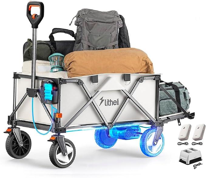 Litheli Electric Wagon Cart with Battery Power, All-Terrain Wheels & Variable Speed | 200L Capacity, 300 lbs Heavy-Duty Utility Wagon and Dual Port Charger