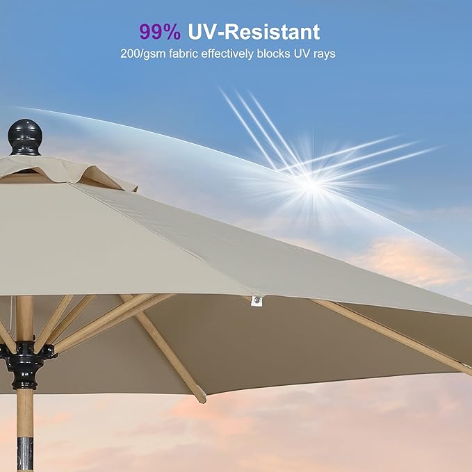 PURPLE LEAF 8 Feet Market Umbrella with Base Patio Umbrella Round Outdoor Table Umbrella with Push Button Tilt & Crank and 8 Ribs Aluminum Outdoor Umbrella for Garden Deck Balcony, Beige