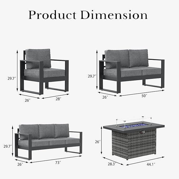 LayinSun 5 Pieces Aluminum Outdoor Patio Furniture Set, Metal Modern Conversation Sofa Set with Fire Pit Table and Washable Thick Cushions for Porch, Backyard, Deck