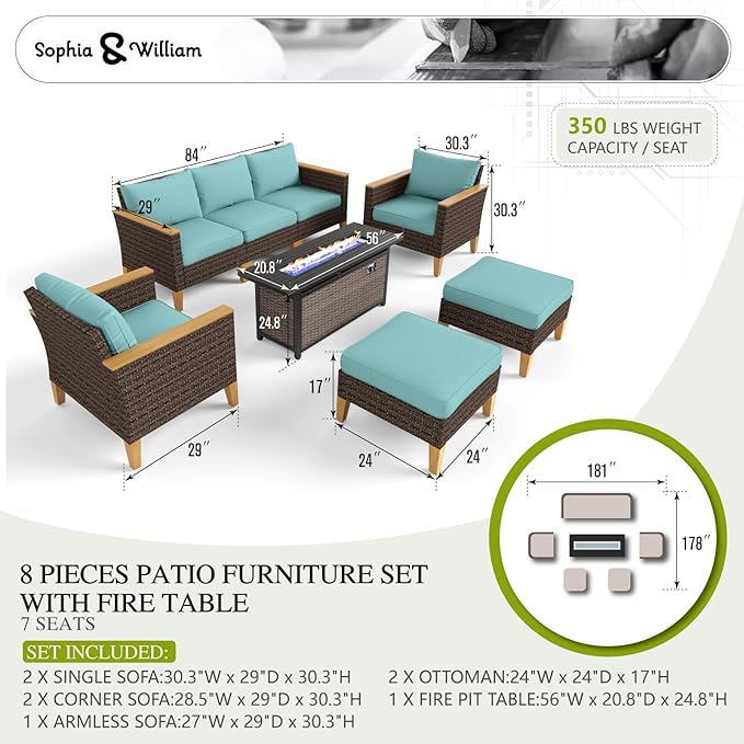 Sophia & William Patio Furniture Set with Fire Pit Table, 8 Piece Outdoor Wicker Conversation Set, Large Rattan Sectional Sofa with Ottoman & 56" Fire Pit Table(Aqua Blue)