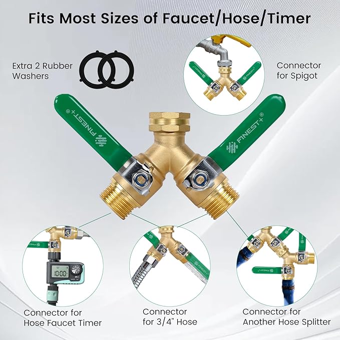 Garden Hose Splitter 2 Way, Heavy Duty Brass Y Valve Garden Hose Splitter With Stainless Steel Long Handle, Full Flow Hose Splitter Connector, Y Valve 3/4 Inch GHT Thread