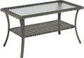 Rilyson Patio Tables Outdoor Coffee Table - Wicker Rattan Coffee Tables with 2-Tier Storage Shelf Glass Top for Outside Proch Deck Balcony Garden Rectangle Mixed Grey