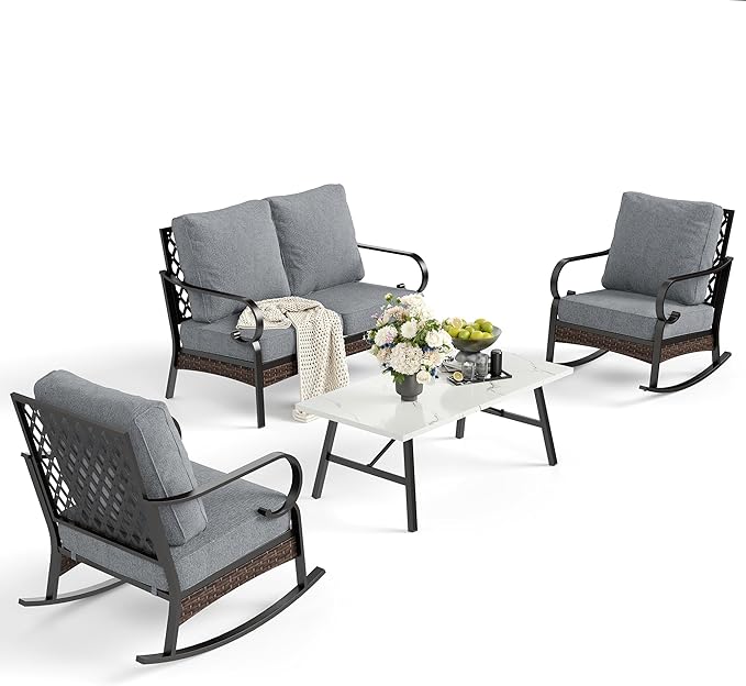 SUNSHINE VALLEY 4 Piece Metal Outdoor Patio Furniture Sets, Patio Conversation Sets 1 Loveseat, 2 Rocking Sofa with 5.75" Extra Thick Cushion and Coffee Table, Balck Frame Backyard Furniture, Gray