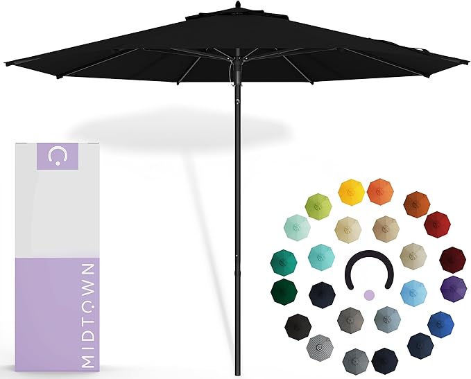 Midtown Umbrellas Push Pop Sunbrella Umbrella 9 Feet Outdoor Umbrella in Black Fabric - Patio Umbrella, Backyard Umbrella, Garden Umbrella, Picnic Table Umbrella & Pool Umbrella - Black Pole