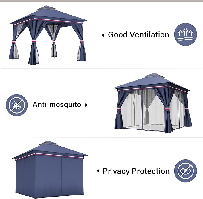 LAUSAINT HOME Outdoor Patio Gazebo 10'x10' with Expansion Bolts, Heavy Duty Party Tent & Shelter with Double Roofs, Mosquito Nettings and Privacy Screens for Backyard (Klein Blue)