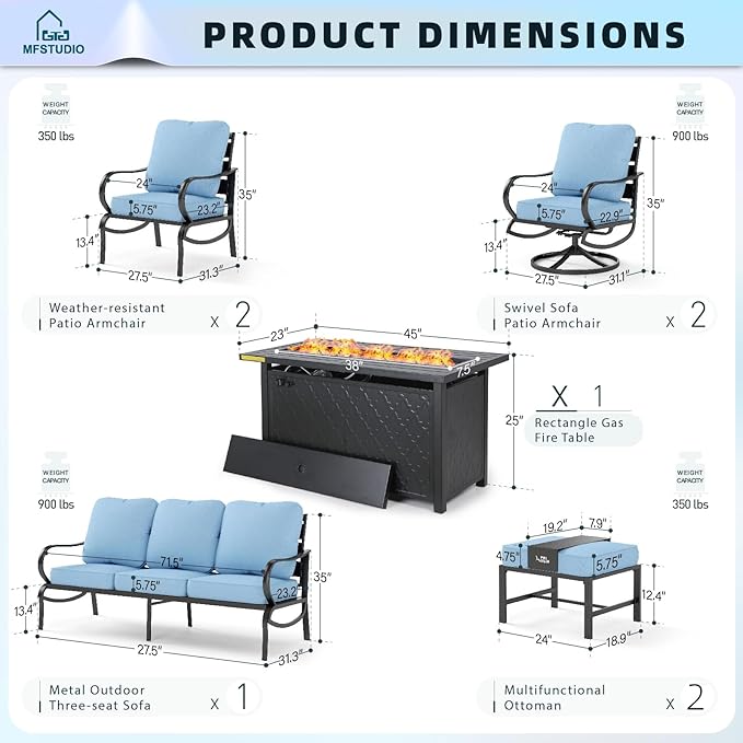 MFSTUDIO Patio Furniture Sets with 45" Gas Fire Pit Table, 8 Pieces Outdoor Metal Conversation Sets with 1 x 3-Seat Sofa, 2 Single Chairs, 2 Swivel Chairs and 2 Ottomans, Blue Cushion