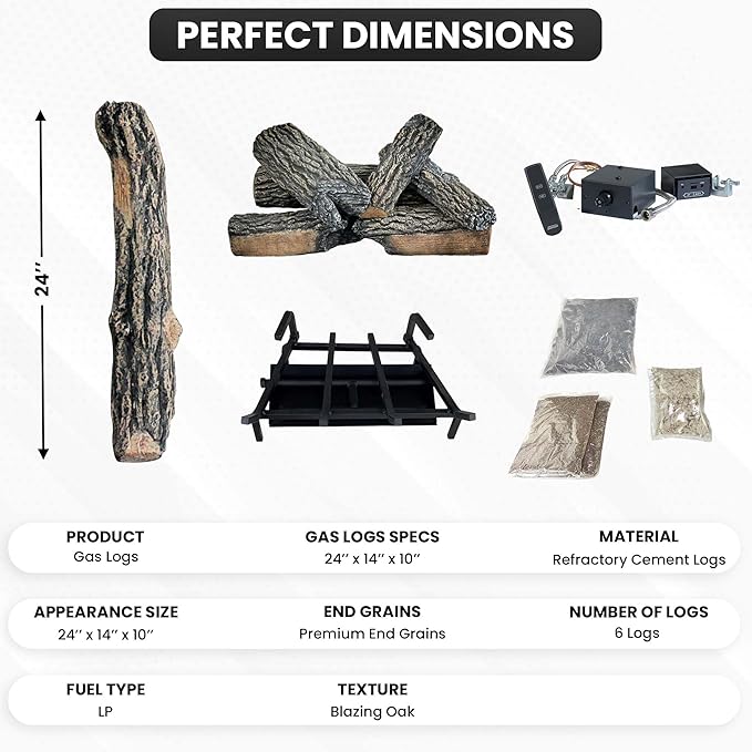 24" Premium Gas Logs - Remote Control Kit Included - for Liquid Propane Vented Fireplaces - Blazing Oak Design (Logs + Remote Light Kit)