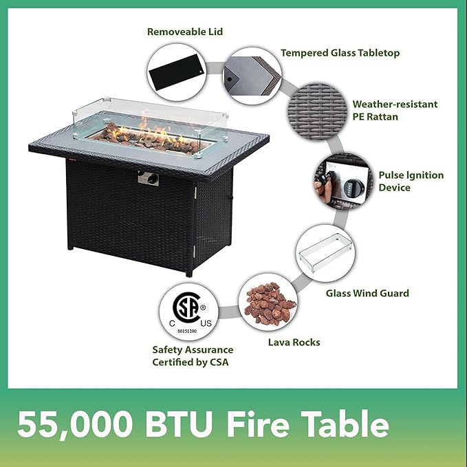 9 Piece Ohana Outdoor Patio Furniture Black Wicker Conversation Set with Fully Assembled Sectional and 42-inch Propane Gas Fire Table