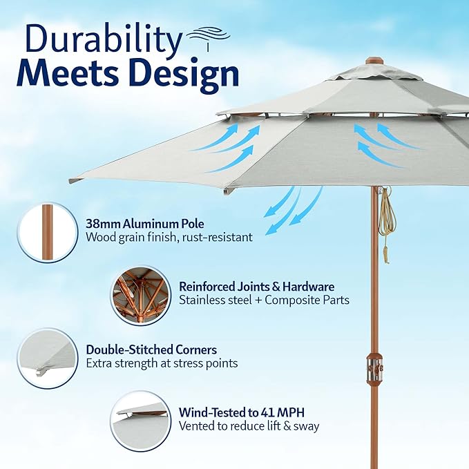 Alizé 10 ft Patio Umbrella with Built in Cooling Fans USB Ports | Windproof Table Umbrella for outdoor patio with UPF 50+ UV Protective Fabric | Waterproof, Non Fading, Premium Deck and Pool Shade