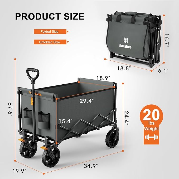 Navatiee 140L Wagon Cart Foldable, Large Capacity Collapsible Wagon with Smallest Folding Design, Utility Grocery Cart for Camping Shopping Sports, Gray