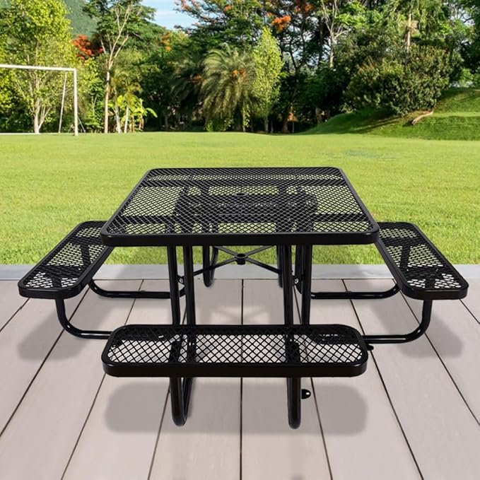 KUFUH 46" Square Metal Picnic Table for 4-8 Person, Durable Heavy Duty Commercial Picnic Table with Umbrella Hole for Outdoor Coffee Shop, School, Hospital, Easy to Install, Black