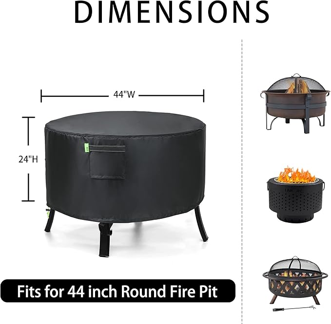REDRICH Fire Pit Cover Round – Heavy Duty Outdoor Firepit Cover, Full Coverage Patio Outdoor Fireplace Cover, Dustproof Anti UV and Waterproof, 44’’L x 44’’W x 24’’H Black