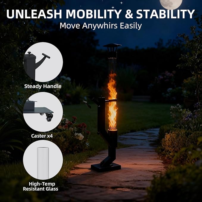 Eco Flame Smokeless Wood Pellet Fire Pit & Patio Heater, Portable Outdoor Rocket Stove with Glass Tube and Ash Tray for Backyard, Camping, Beach, Garden - Stainless Steel Mini