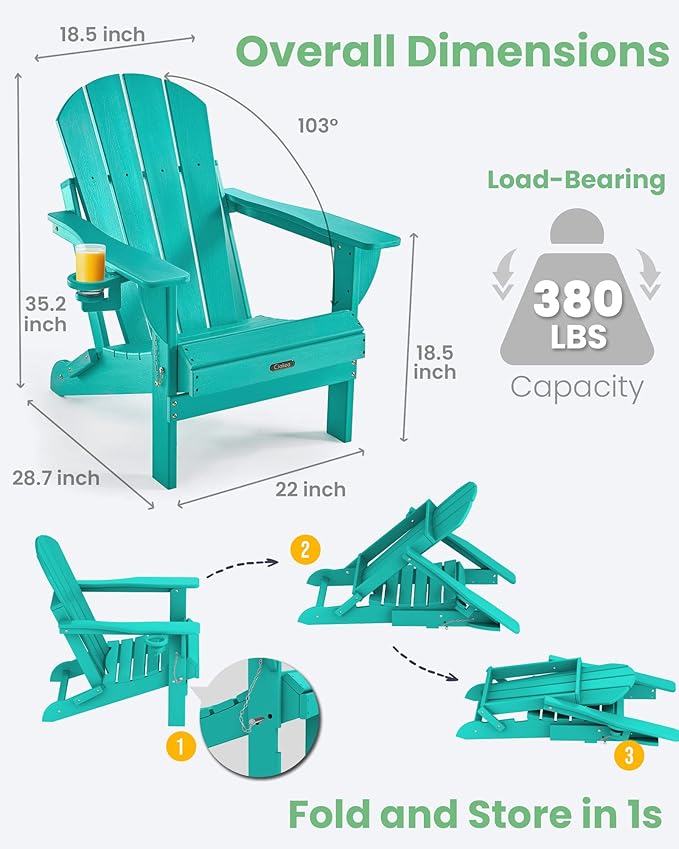 Ciokea Folding Adirondack Chair Wood Texture, Patio Adirondack Chair Weather Resistant, Plastic Fire Pit Chair with Cup Holder, Lawn Chair for Outdoor Porch Garden Backyard Deck (Lake Blue, 2Pack)