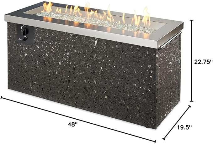Outdoor GreatRoom Co Propane Fire Pit Table - Key Largo Gas Fire Pits for Outside Patio - 48 Inch Rectangular Stainless Steel Firepit Fire Table, Stucco Base, Glass Tabletop Cover, 80,000 BTU