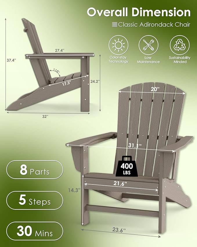 GREENVINES Adirondack Chair | Wood Grain HDPE Plastic | All Weather | Oversized Fire Pit Chairs | Desert Brown | Poly Lumber | for Outdoor Deck Backyard Patio Garden