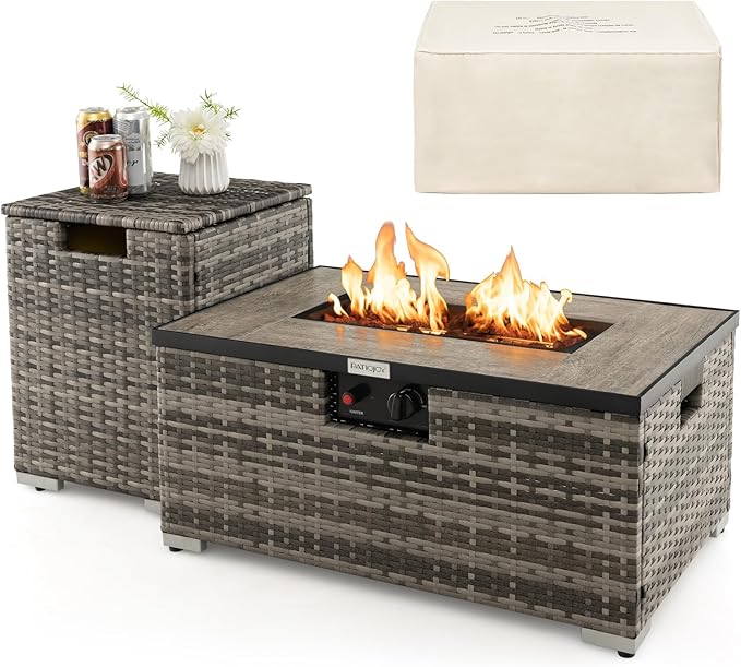 Tangkula 2 Piece Outdoor Propane Fire Pit Table Set with Hideaway Propane Tank Holder, 40,000 BTU Rattan Wicker Fire Pit Table with Lava Rocks, Waterproof Cover, Ideal for Backyard, Patio (Mix Grey)