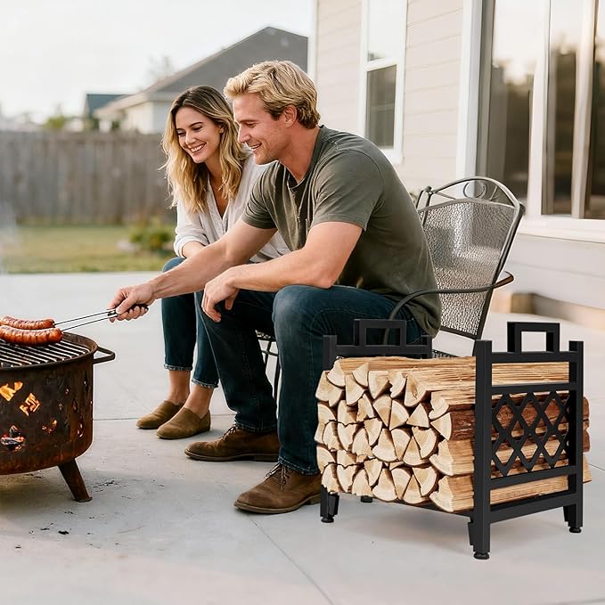INNO STAGE Firewood Log Rack, Iron Wood Lumber Storage Holder for Fireplace, Heavy Duty Log Storage Bin for Firepit Stove Accessories Indoor - Perfect Construction - No Any Screw to Install