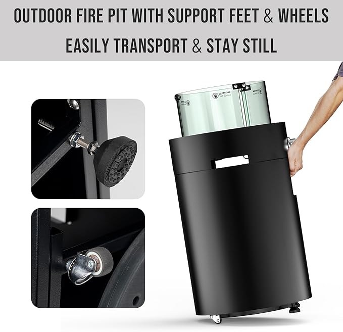 ONLYFIRE OUTDOOR LIVING Detachable Gas Fire Pit with Lava Rocks, Glass Shield & Wheels, Smokeless Propane Fireplace with Hose for Patio Backyard Camping RV Tailgating Restaurant Beach, Round, #FP034