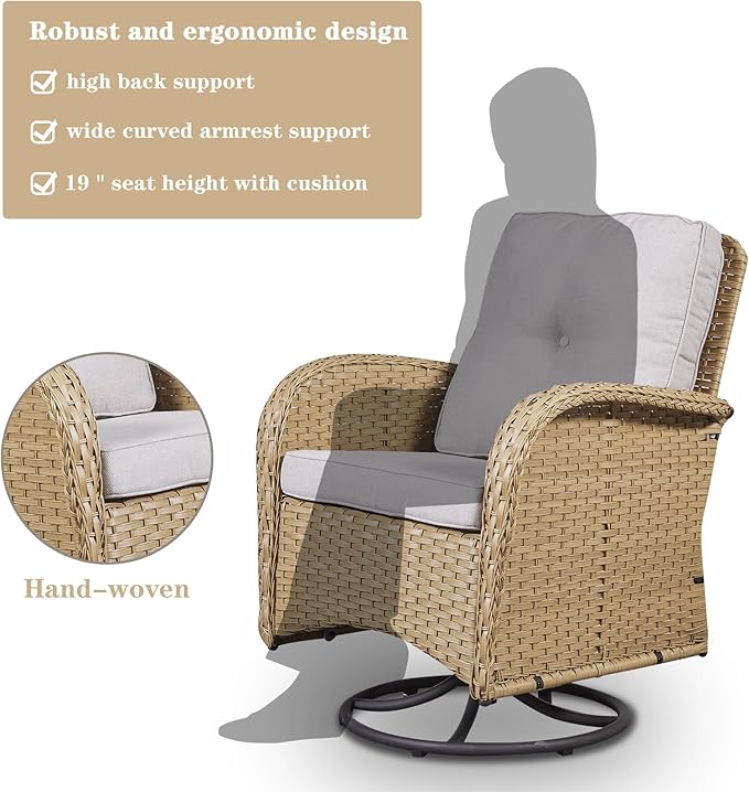 Patio Furniture Swivel Glider PE Wicker Chairs, Outdoor Swivel Rocker Seating with Cushions for Porch Deck Balcony, Yellow/Beige