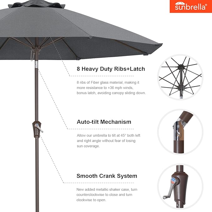 ABCCANOPY 10-Year No Fading 9FT Patio Umbrella, Acrylic Outdoor Table Umbrella with 8 Sturdy Ribs for Deck, Backyard, Garden, Yard (Gray)