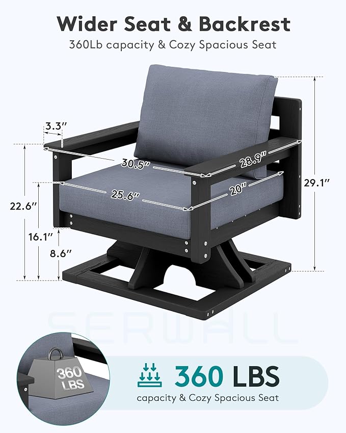 SERWALL Outdoor Swivel Chairs, HDPE All-Weather Patio Swivel Sofas with Thick Cushions for Porch, Balcony, Black Frame with Gray Cushions