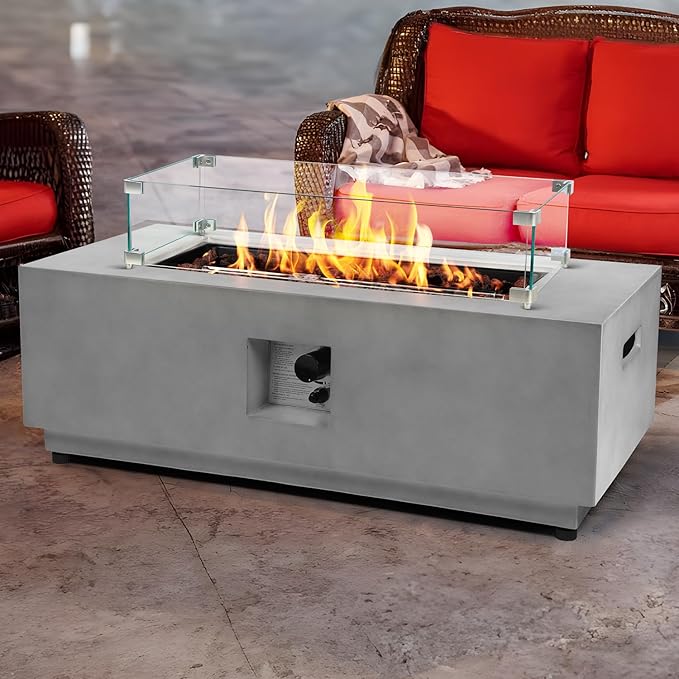 42 Inch Propane Fire Pit Table w/Wind Guard, Modern Gas Fire Pits for Outside Patio, Ignition Systems Firepit, 50,000 BTU Outdoor Fire Table for Patio Backyard Deck