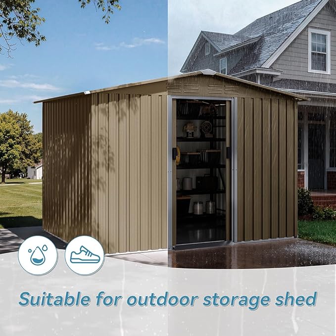 Kurapika 8×6 FT Metal Outdoor Storage Shed Large Tool Shed with Floor, Lockable Door, for Garden, Patio, Backyard, Lawn(Brown)