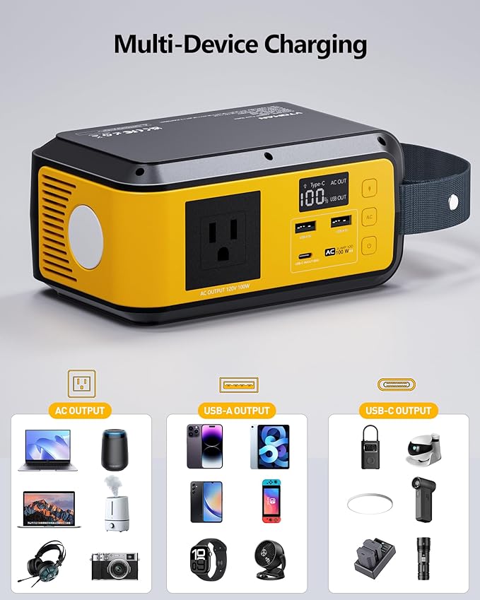 VTOMAN Jump100 88.8Wh Portable Power Station LiFePO4 Battery Solar Generator Power Bank with 100W AC Outlet, LED Light, PD 60W USB-C Fast Charging for Notebooks Mobile Phones Camera Tablets, Camping