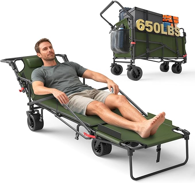LEVELEVE Heavy Duty Folding Wagon - 2-in-1 Collapsible Cart, 650lb Capacity, All-Terrain Wheels w/Brakes & Side Pockets (Army Green)