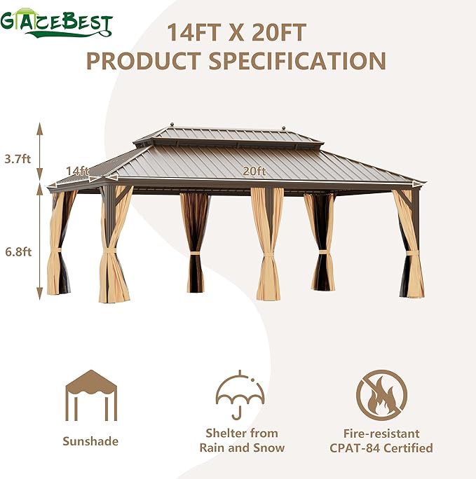 GAZEBEST 14' X 20' Hardtop Gazebo, Outdoor Galvanized Steel Double Roof Permanent Aluminum Frame Pavilion Pergola Canopy with Privacy Curtains for Garden, Patio, Backyard, Deck and Lawns.