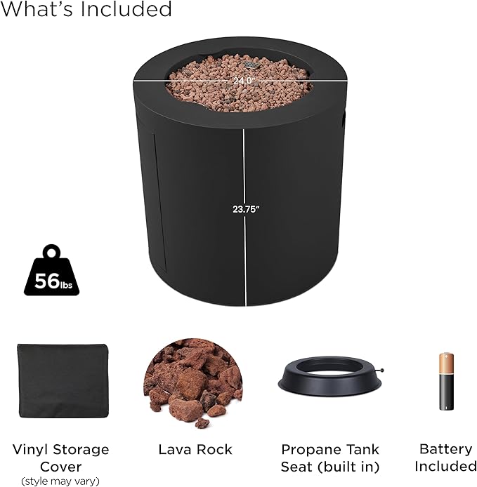 Real Flame Aegean 24" Round Propane Gas Fire Pit Table with Hidden Tank, 50,000 BTU, Powder-Coated Steel, Push-Button Ignition, CSA Certified, Lava Rock, Storage Cover, Stainless Steel Burner with Lid