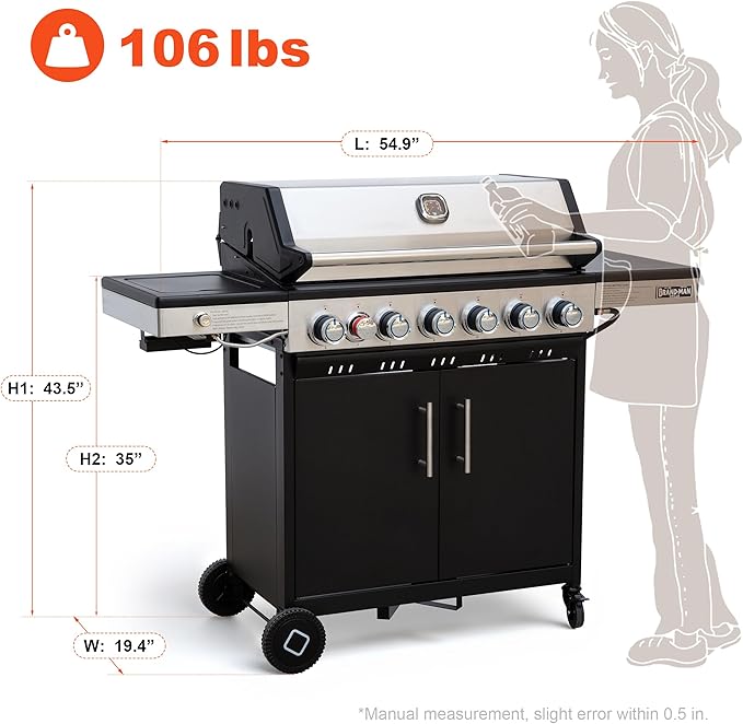 Brand-Man 6 Burner Propane Grill with Infrared Sear Side Burner & Porcelain-Enameled Cast Iron Grate and Griddle, Cabinet Style Gas BBQ Grill with Side Table for Barbecue Grilling & Backyard Cooking